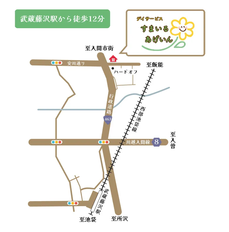 デイサービスすまいるあげいん（東町）へのアクセスマップ（入間市駅から車10分）