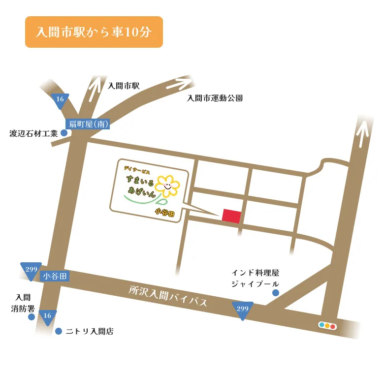 デイサービスすまいるあげいん（小谷田）へのアクセスマップ（入間市駅から車10分）